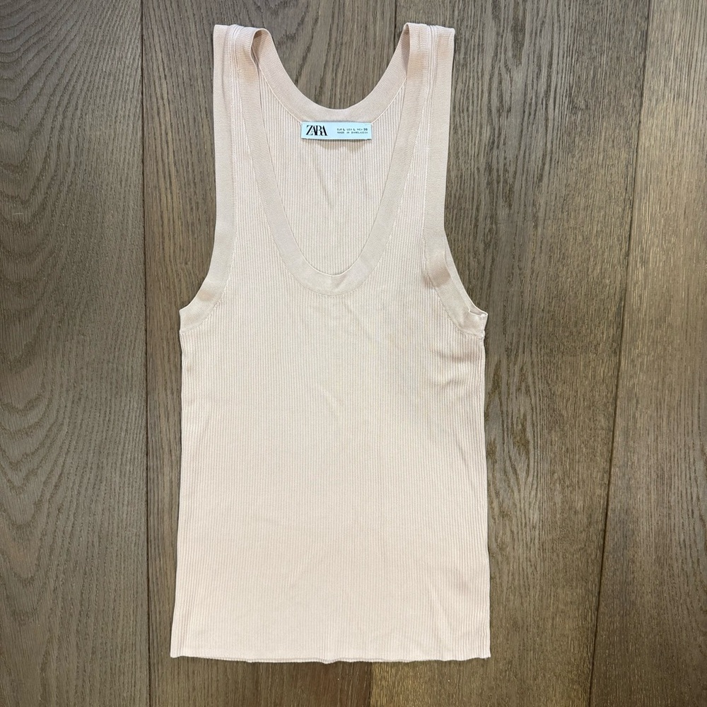 Zara Ribbed Knit Scoop Neck Tank Top Beige